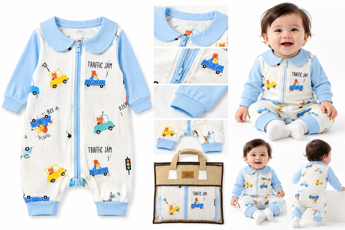 Baby Long-Sleeve Zip Romper – Cute Animal & Car Print – BabyBloom Essentials