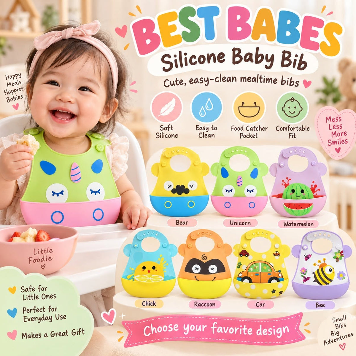 A smiling baby wearing a pink and green silicone bib sits in a high chair, with large promotional text and multiple colorful cartoon bib designs displayed below. The image is designed to showcase the 'BEST BABES Silicone Baby Bib' product line with options like Bear, Unicorn, Watermelon, Chick, Raccoon, Car, and Bee.