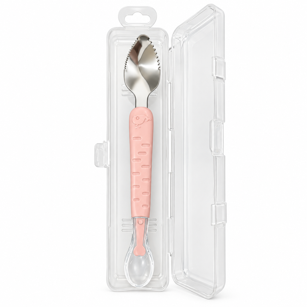 2-in-1 Baby Feeding & Fruit Scraping Spoon with Travel Case – BabyBloom Essentials